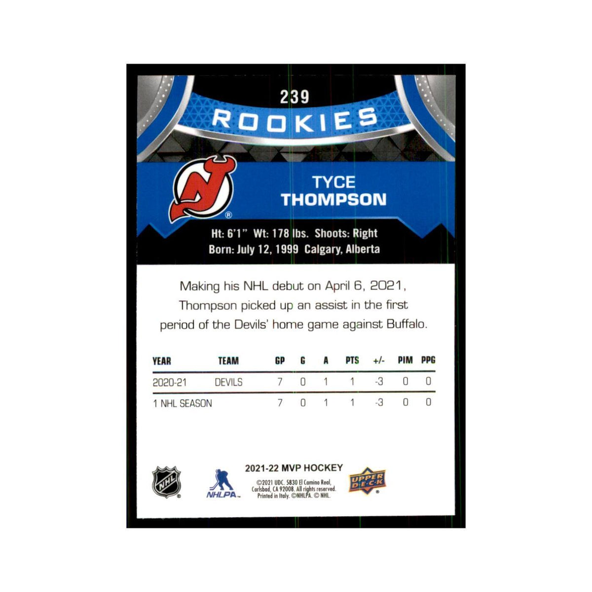 Tyce Thompson Rookie 2021 Upper Deck MVP #239 Hockey Cards Hockey Card NM