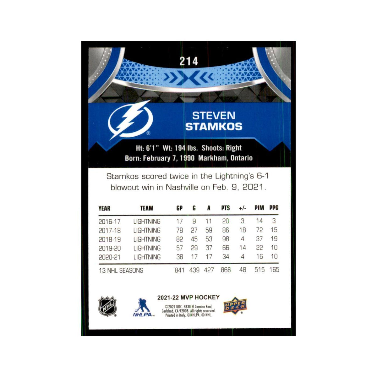 Steven Stamkos 2021 Upper Deck MVP #214 Hockey Cards Hockey Card NM