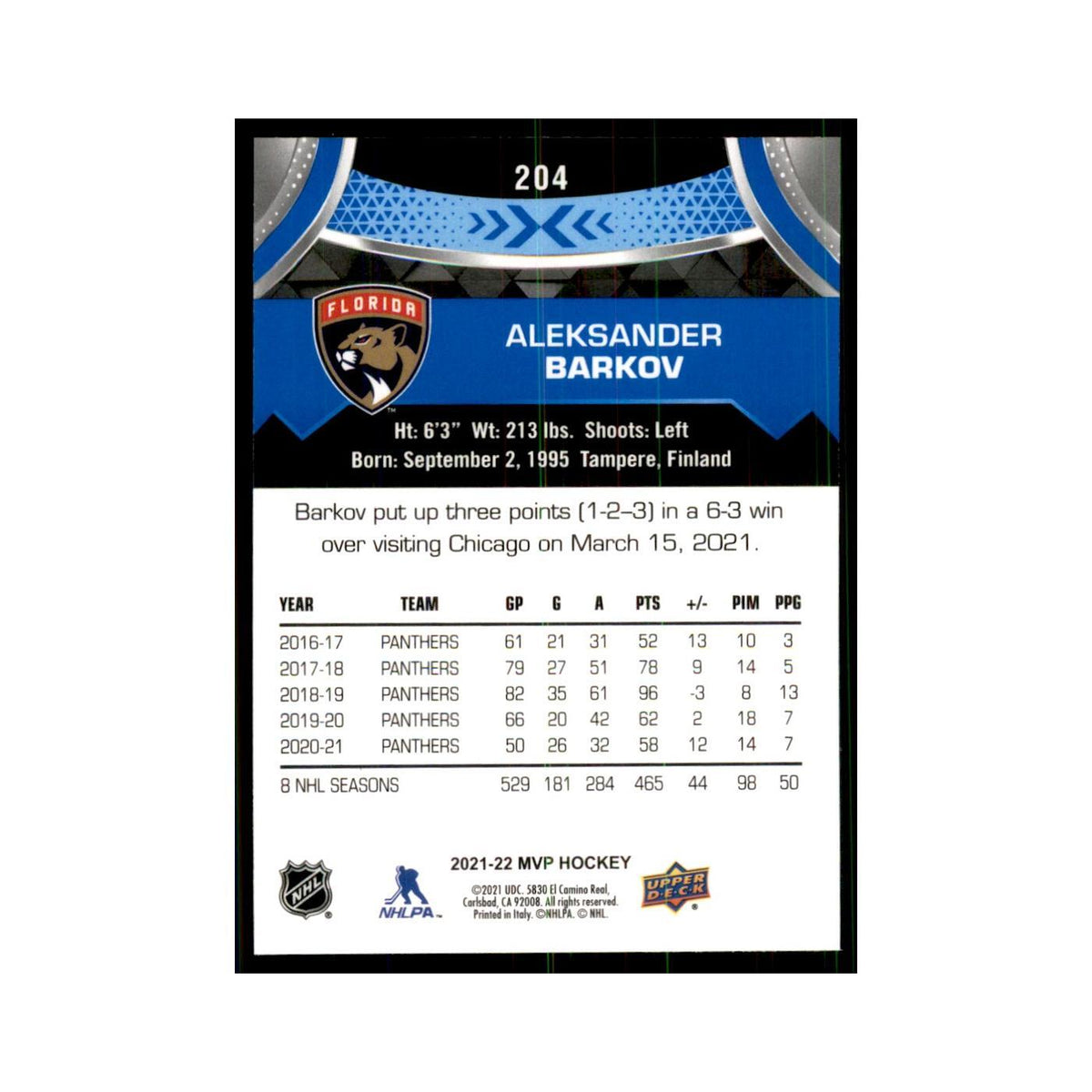 Aleksander Barkov 2021 Upper Deck MVP #204 Hockey Cards Hockey Card NM