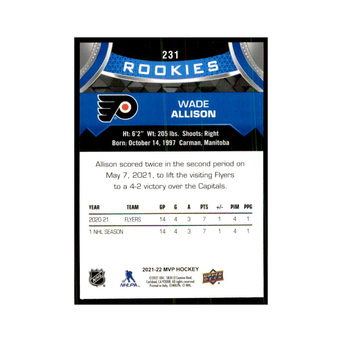 Wade Allison Rookie 2021 Upper Deck MVP #231 Hockey Cards Hockey Card NM