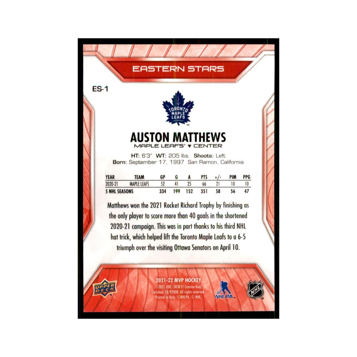 Auston Matthews 2021 Upper Deck MVP #ES-1 Hockey Cards Hockey Card NM