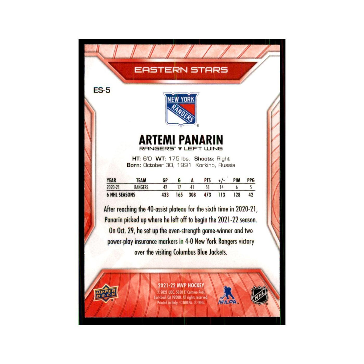 Artemi Panarin 2021 Upper Deck MVP #ES-5 Hockey Cards Hockey Card NM
