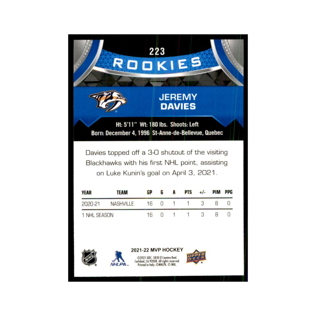 Jeremy Davies Rookie 2021 Upper Deck MVP #223 Hockey Cards Hockey Card NM