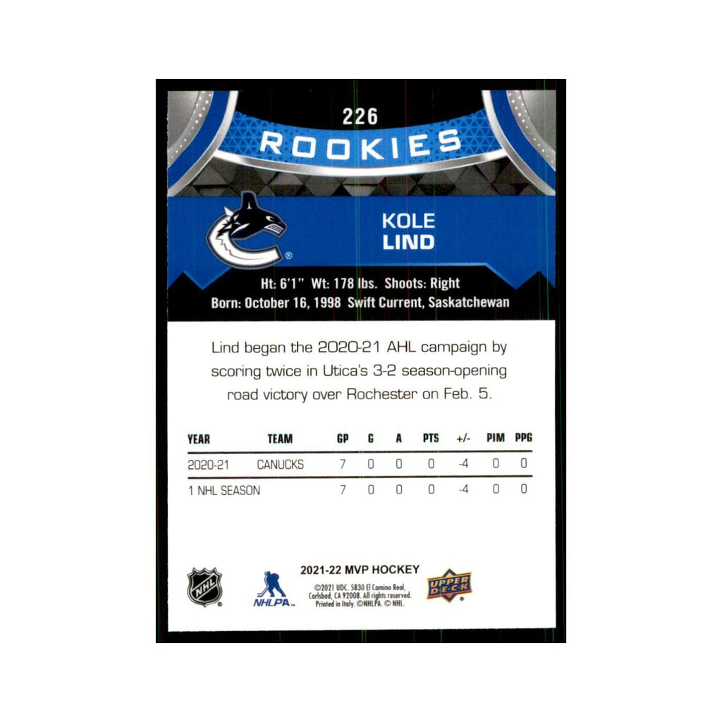 Kole Lind Rookie 2021 Upper Deck MVP #226 Hockey Cards Hockey Card NM