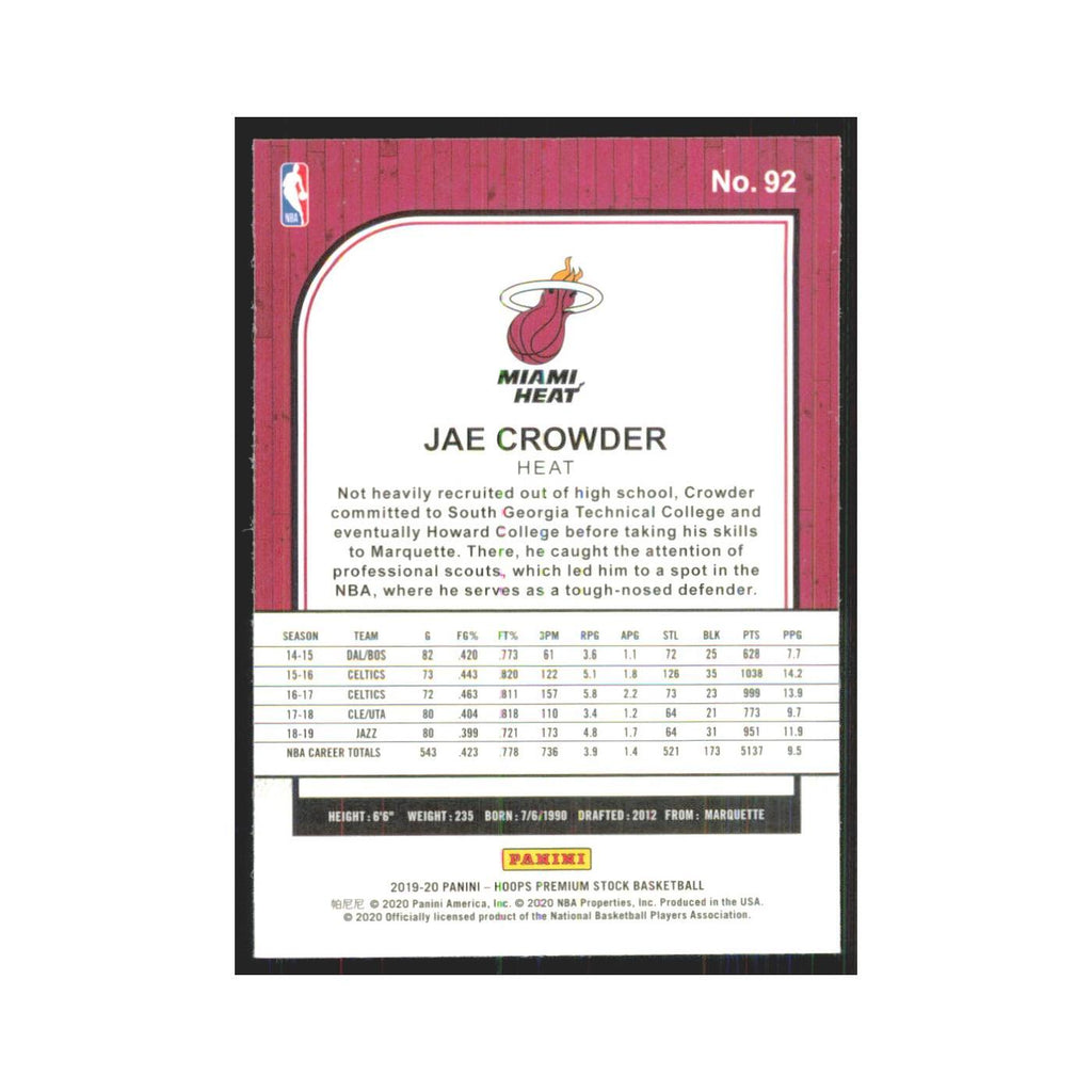 Jae Crowder 2019 NBA Hoops Premium #92 Miami Heat Basketball Card NM