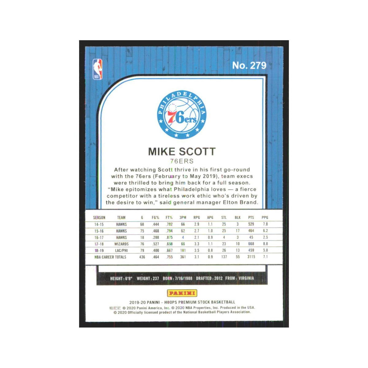 Mike Scott 2019 NBA Hoops Premium #279 Philadelphia 76ers Basketball Card NM