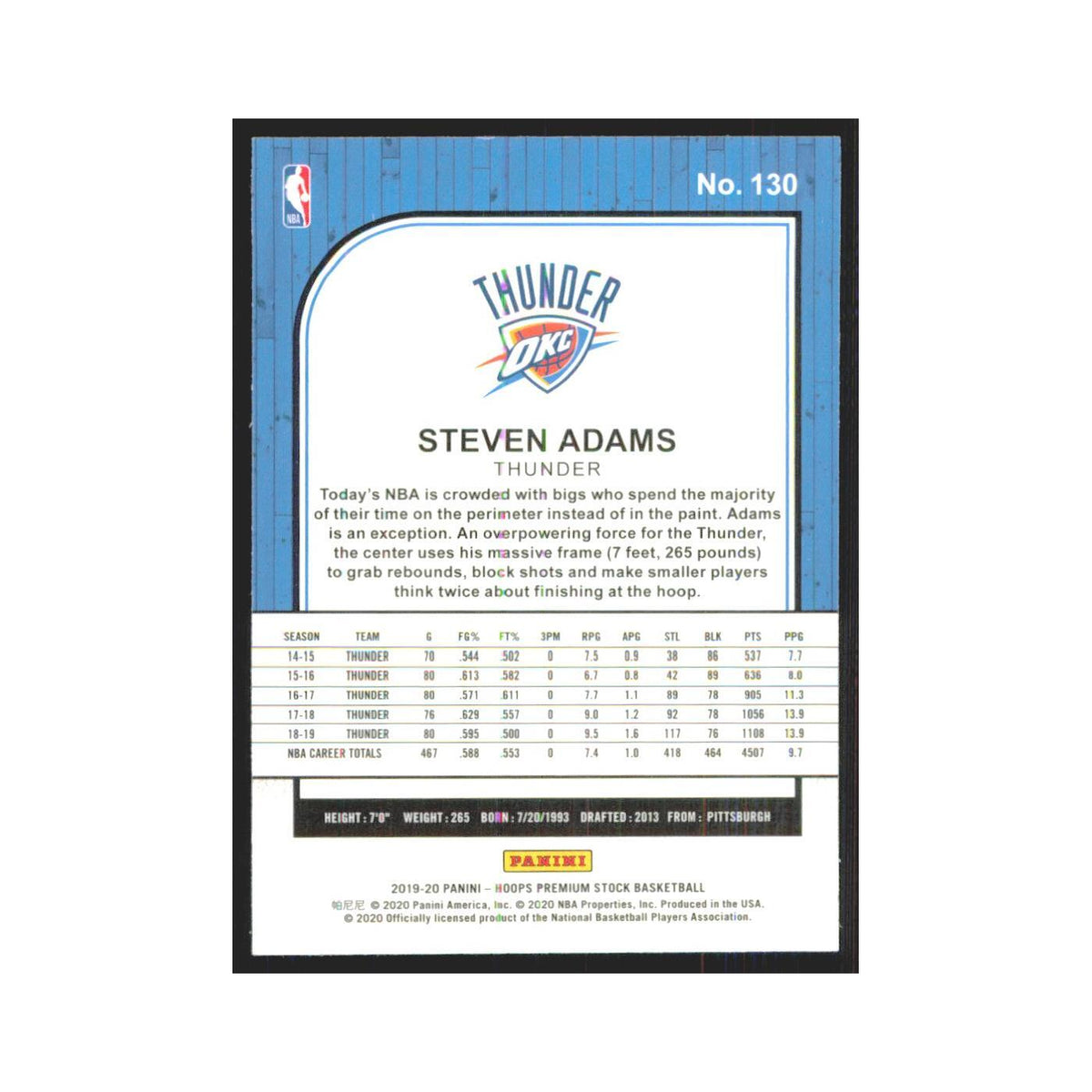 Steven Adams 2019 NBA Hoops Premium #130 Oklahoma City Thunder NM