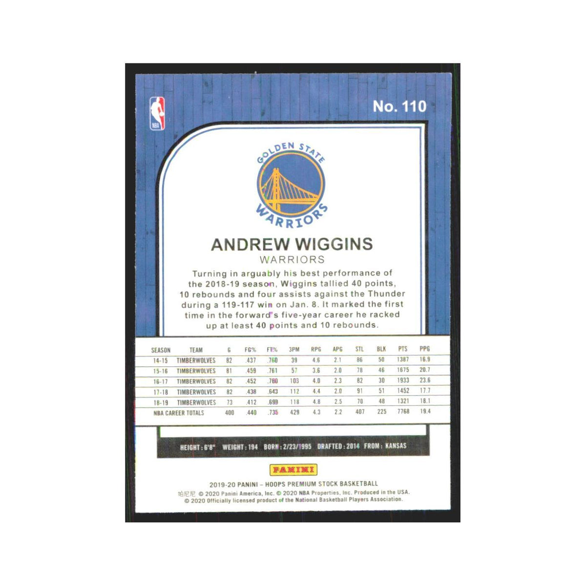Andrew Wiggins 2019 NBA Hoops Premium #110 Golden State Warriors NM