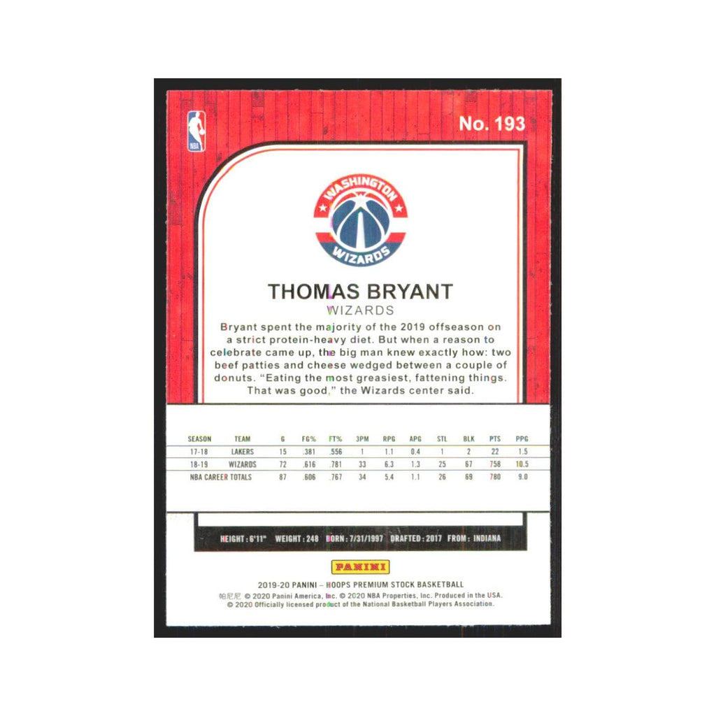 Thomas Bryant 2019 NBA Hoops Premium #193 Washington Wizards Basketball Card NM