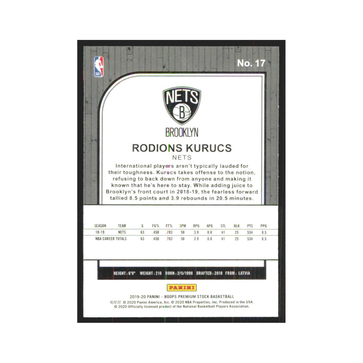 Rodions Kurucs 2019 NBA Hoops Premium #17 Brooklyn Nets Basketball Card NM
