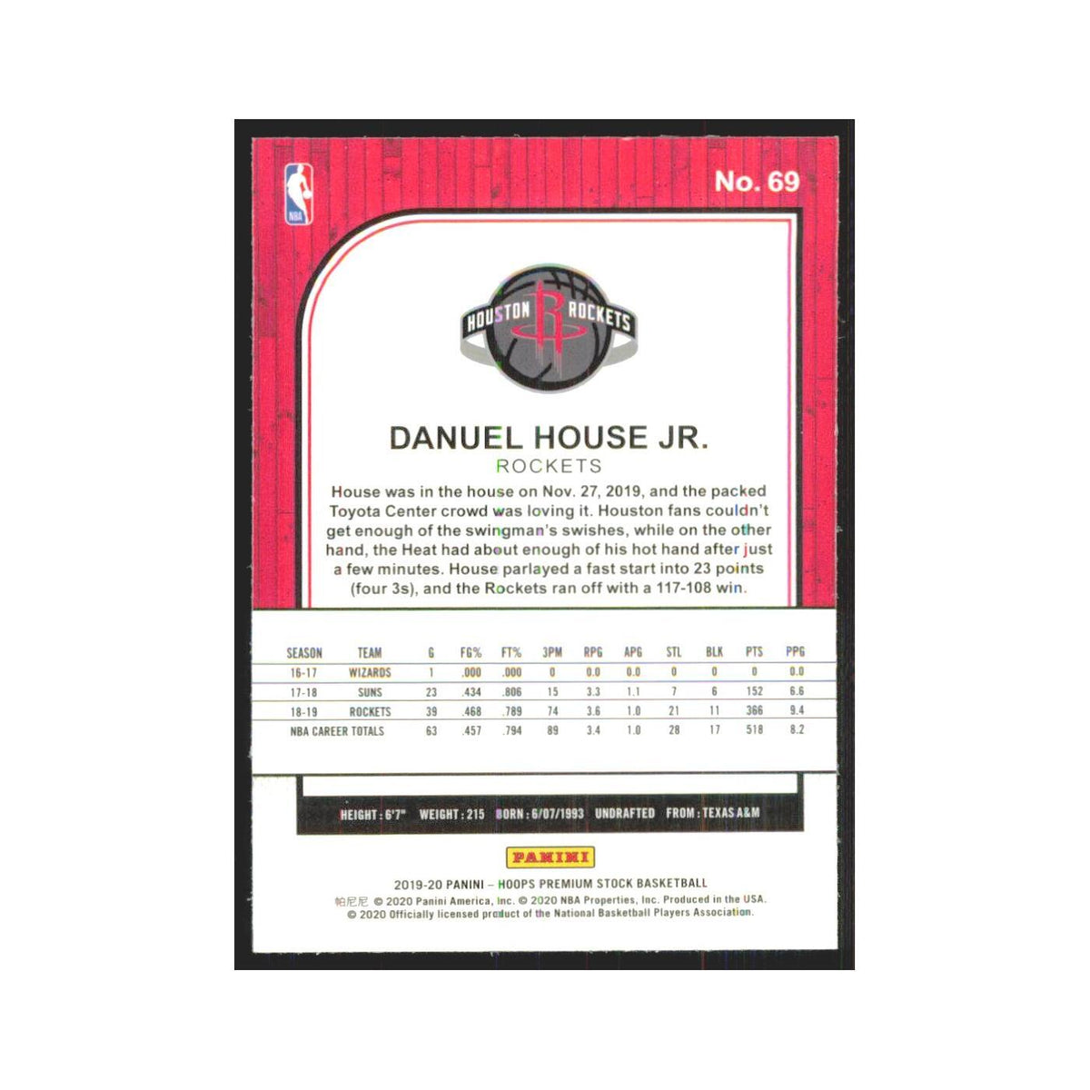 Danuel House Jr. 2019 NBA Hoops Premium #69 Houston Rockets Basketball Card NM