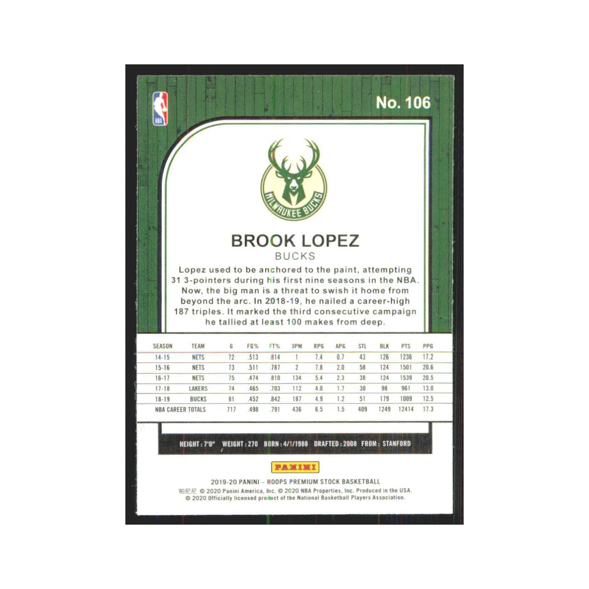 Brook Lopez 2019 NBA Hoops Premium #106 Milwaukee Bucks Basketball Card NM
