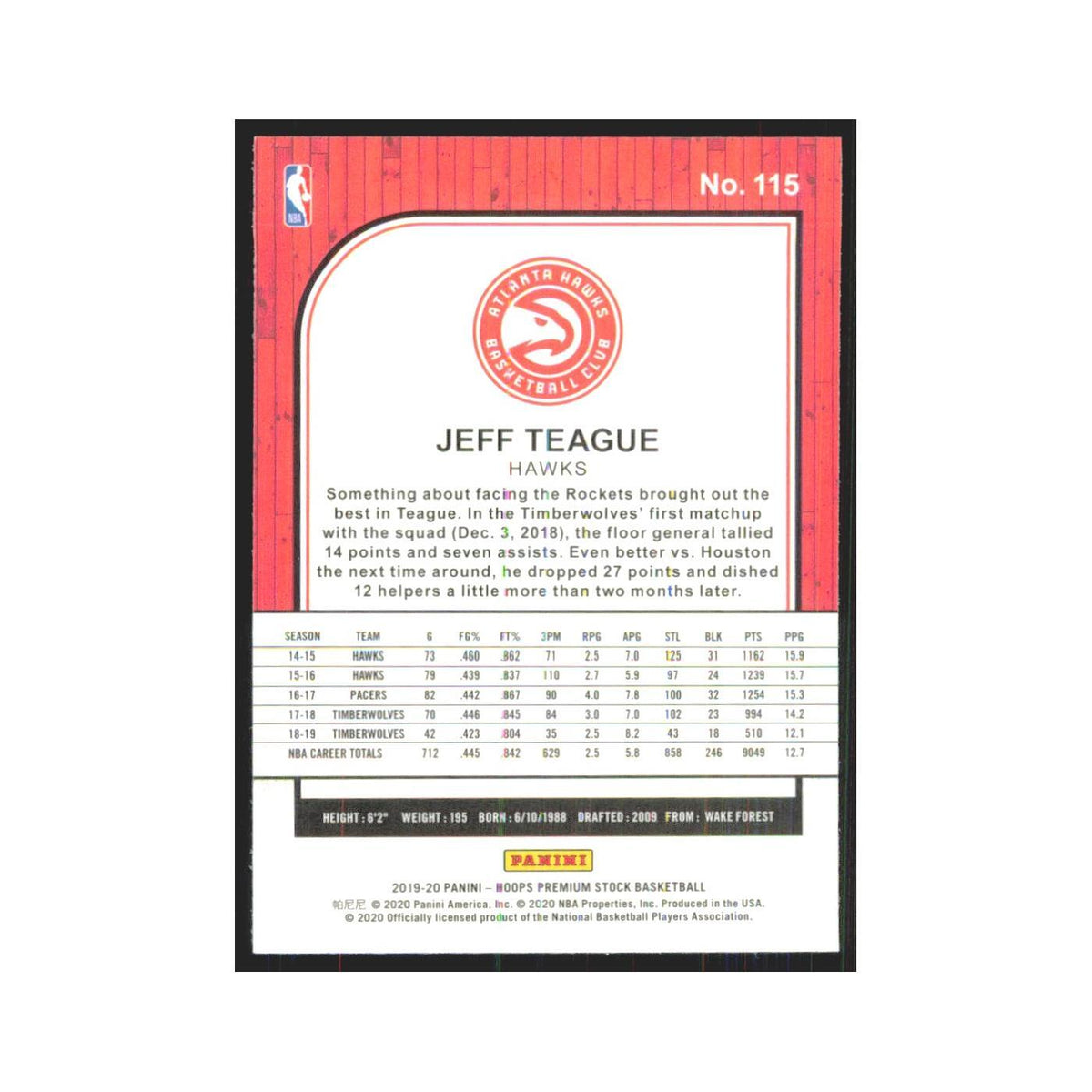 Jeff Teague 2019 NBA Hoops Premium #115 Minnesota Timberwolves NM