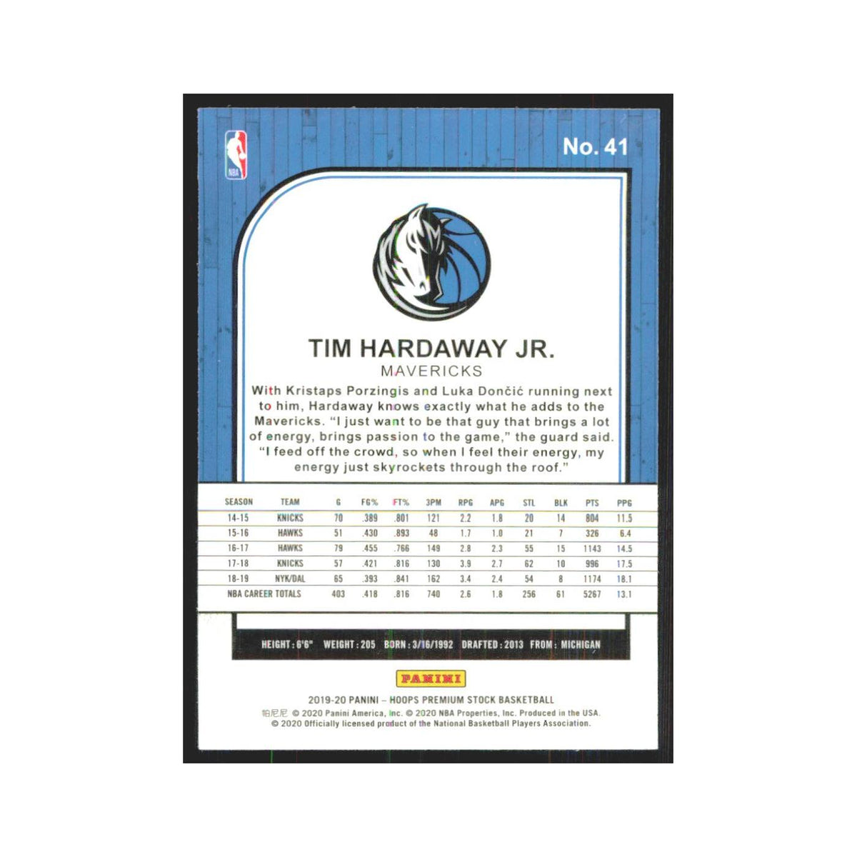 Tim Hardaway Jr. 2019 NBA Hoops Premium #41 Dallas Mavericks Basketball Card NM
