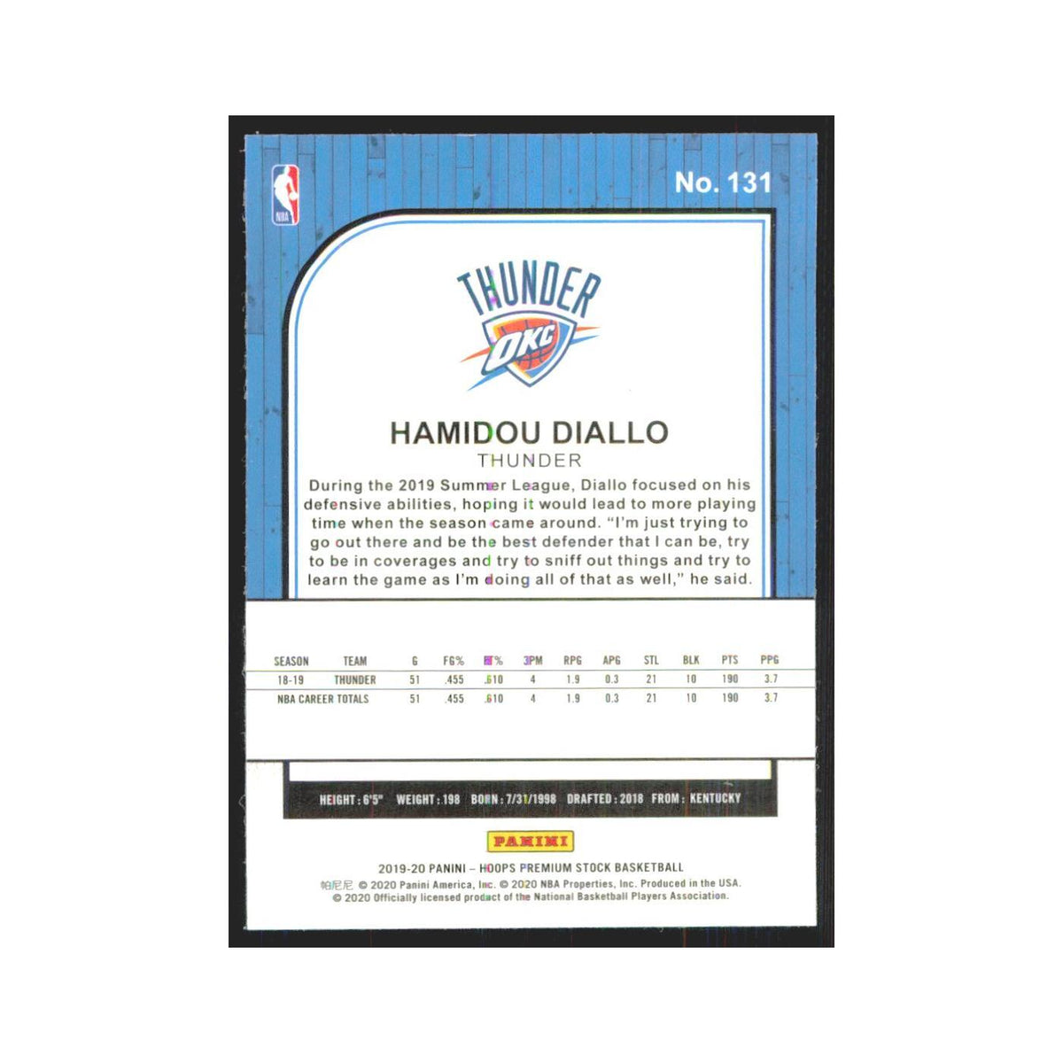 Hamidou Diallo 2019 NBA Hoops Premium #131 Oklahoma City Thunder NM