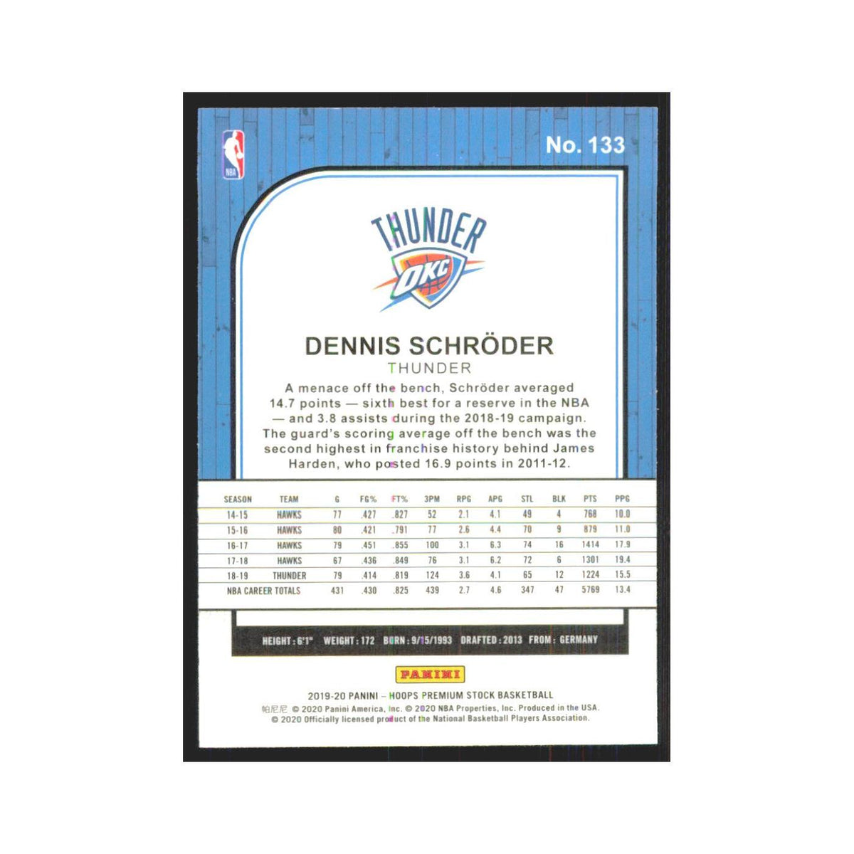 Dennis Schroder 2019 NBA Hoops Premium #133 Oklahoma City Thunder NM