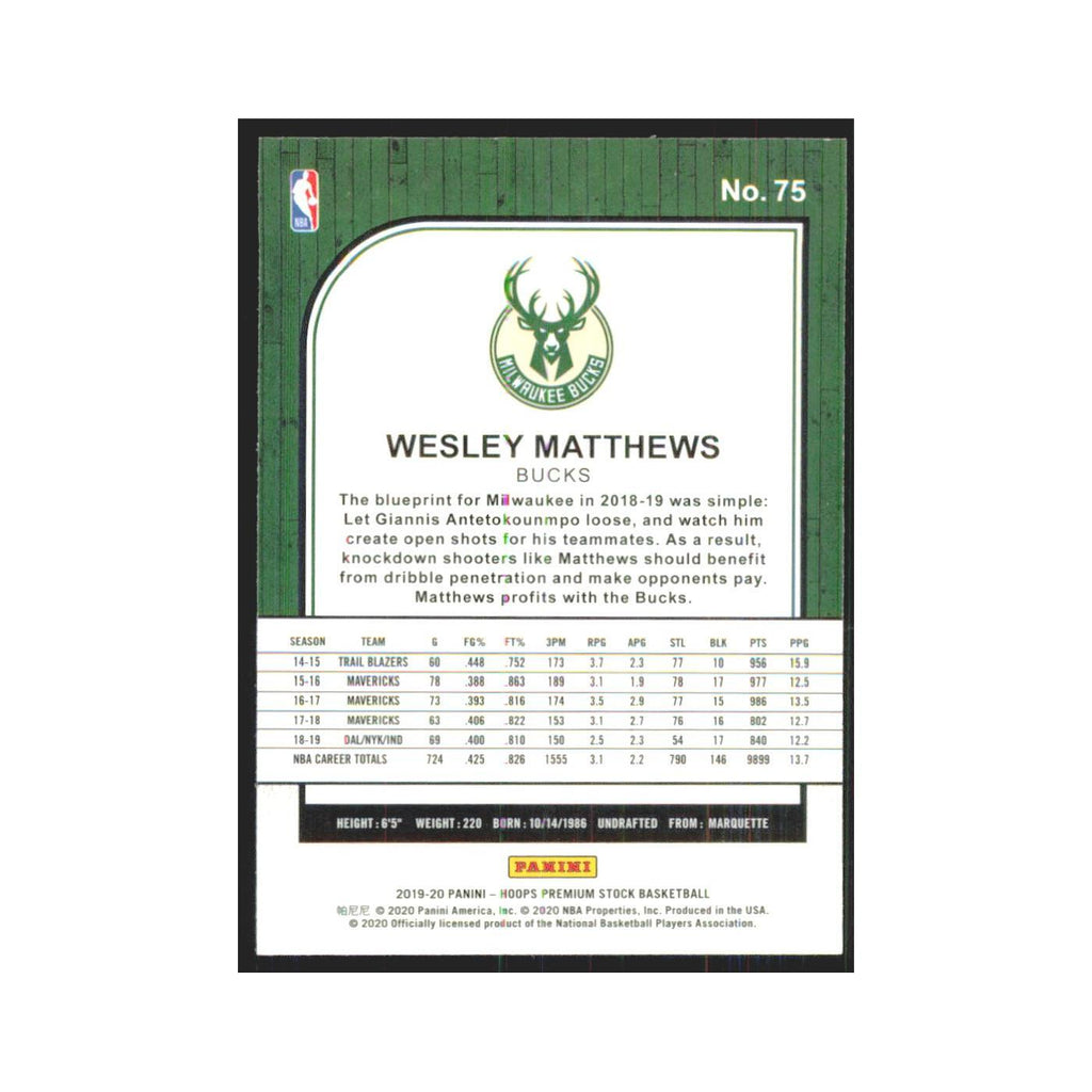 Wesley Matthews 2019 NBA Hoops Premium #75 Milwaukee Bucks Basketball Card NM