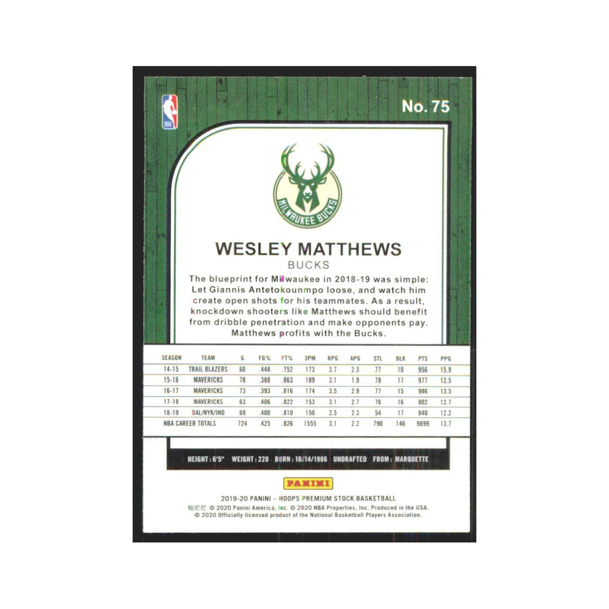 Wesley Matthews 2019 NBA Hoops Premium #75 Milwaukee Bucks Basketball Card NM