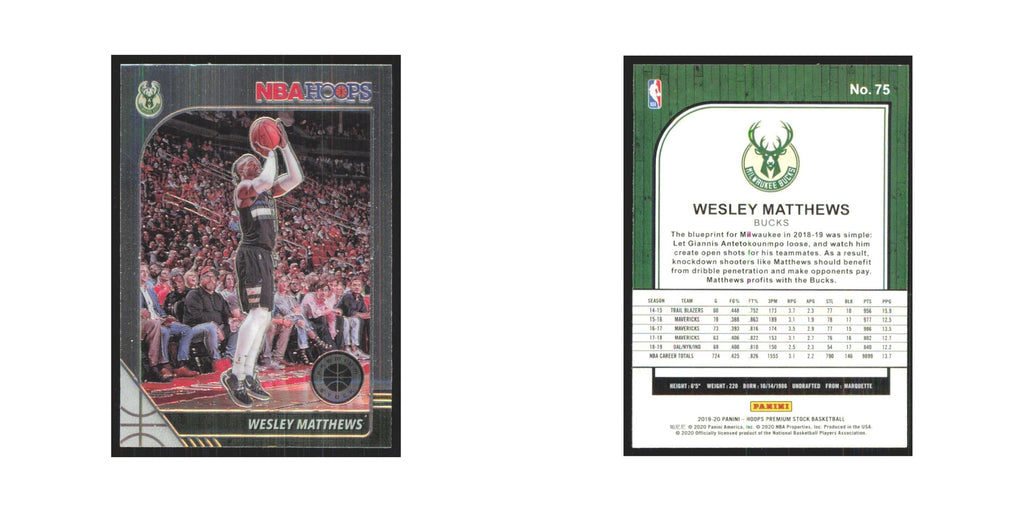 Wesley Matthews 2019 NBA Hoops Premium #75 Milwaukee Bucks Basketball Card NM