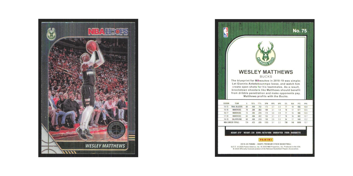 Wesley Matthews 2019 NBA Hoops Premium #75 Milwaukee Bucks Basketball Card NM