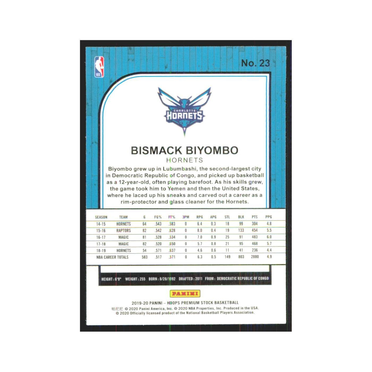Bismack Biyombo 2019 NBA Hoops Premium #23 Charlotte Hornets Basketball Card NM