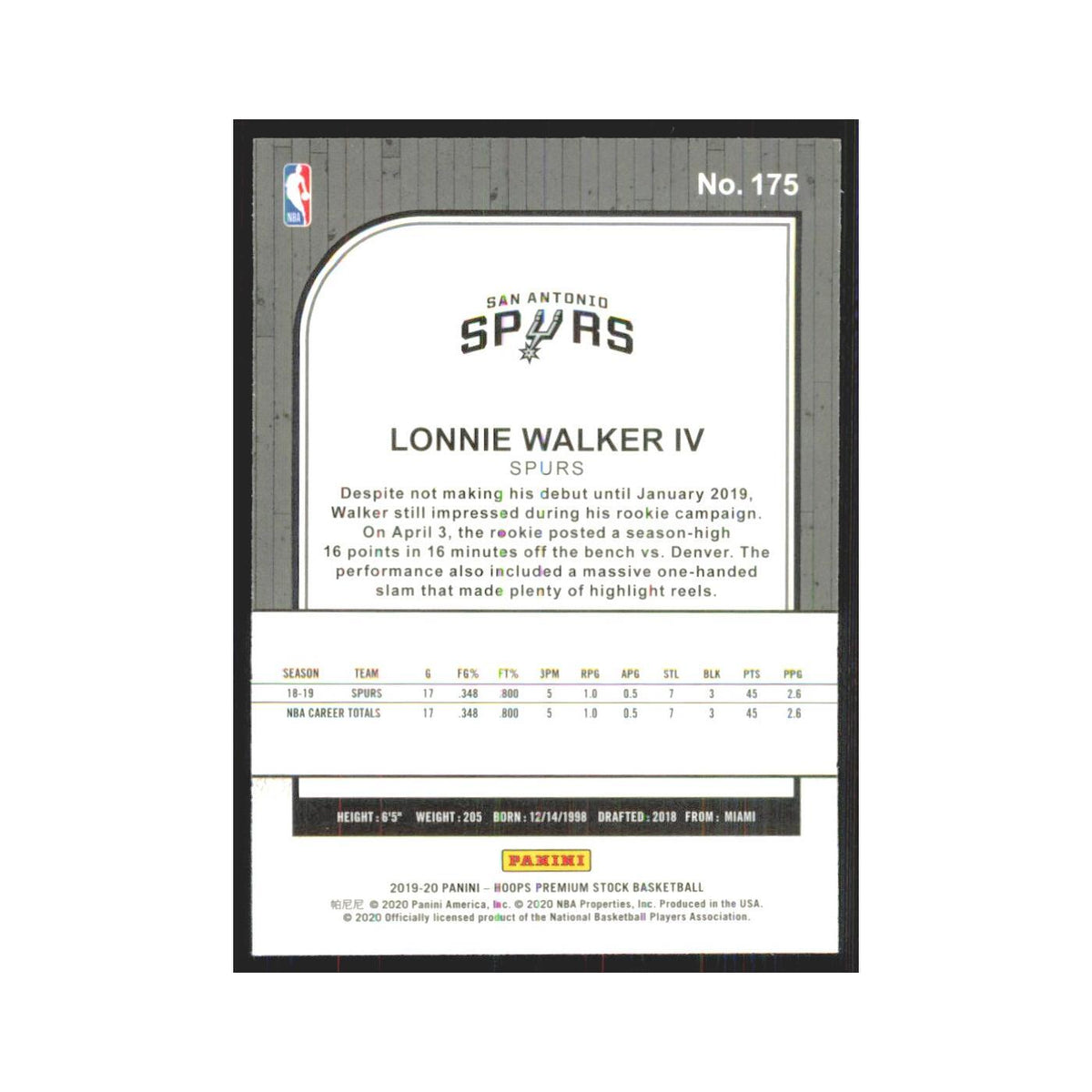 Lonnie Walker IV 2019 NBA Hoops Premium #175 San Antonio Spurs NM