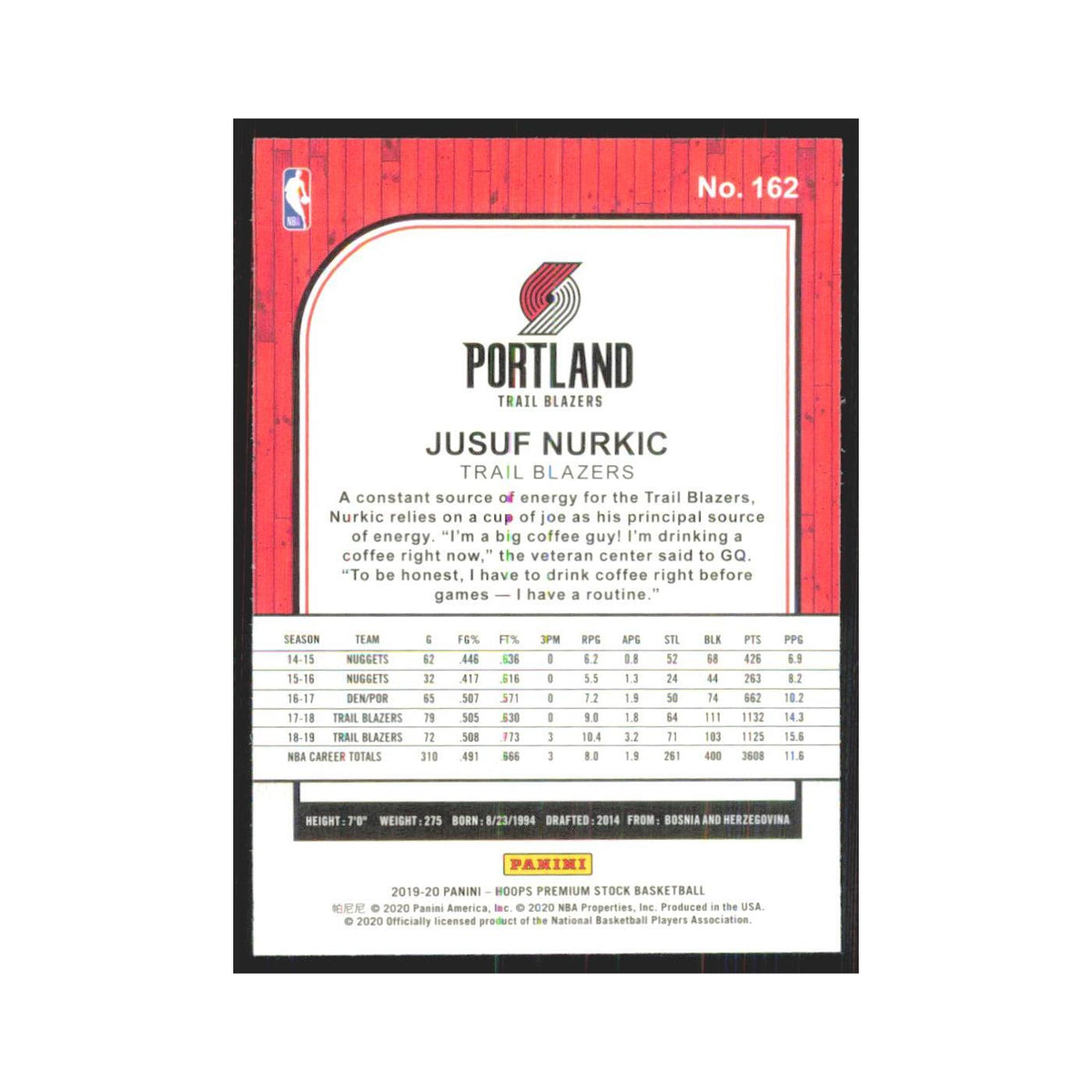 Jusuf Nurkic 2019 NBA Hoops Premium #162 Portland Trail Blazers NM