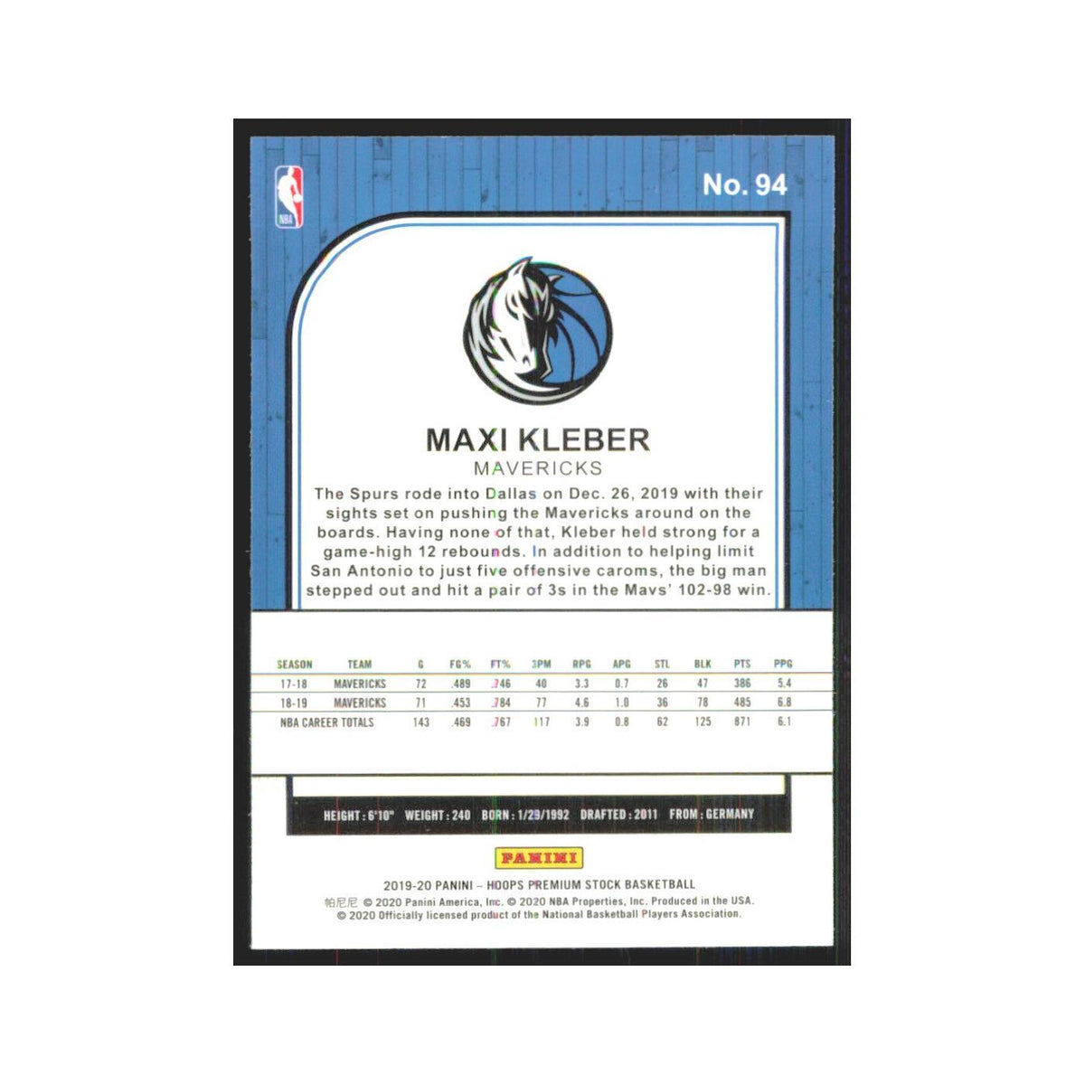 Maxi Kleber 2019 NBA Hoops Premium #94 Dallas Mavericks Basketball Card NM