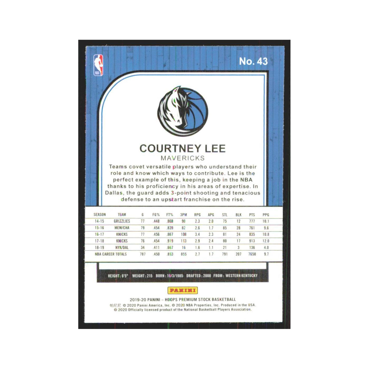 Courtney Lee 2019 NBA Hoops Premium #43 Dallas Mavericks Basketball Card NM