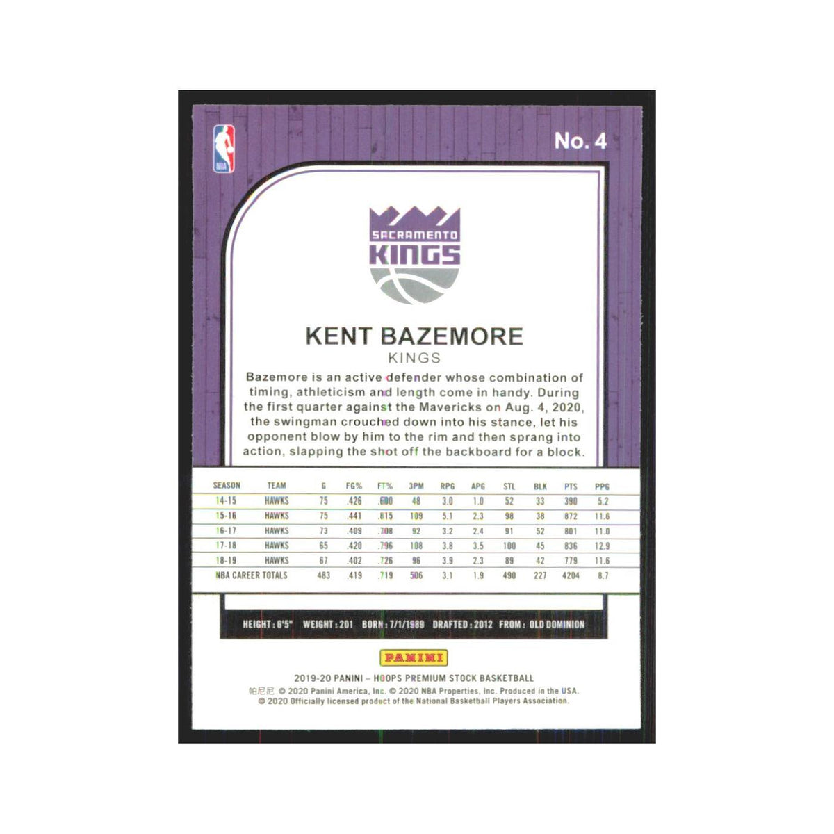 Kent Bazemore 2019 NBA Hoops Premium #4 Sacramento Kings Basketball Card NM