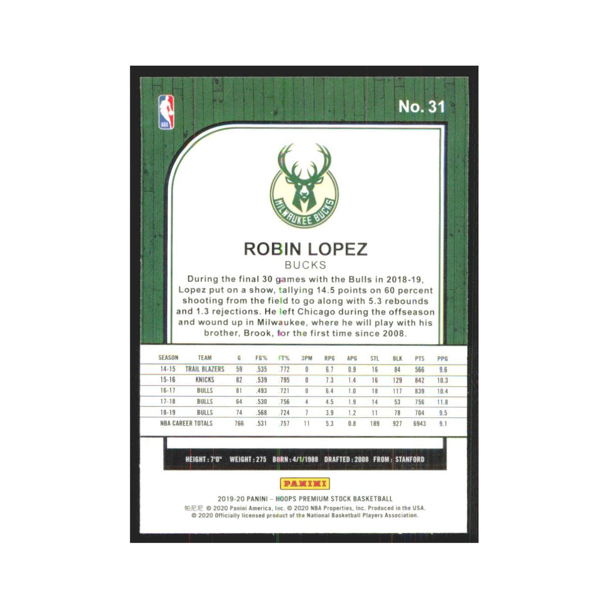 Robin Lopez 2019 NBA Hoops Premium #31 Milwaukee Bucks Basketball Card NM
