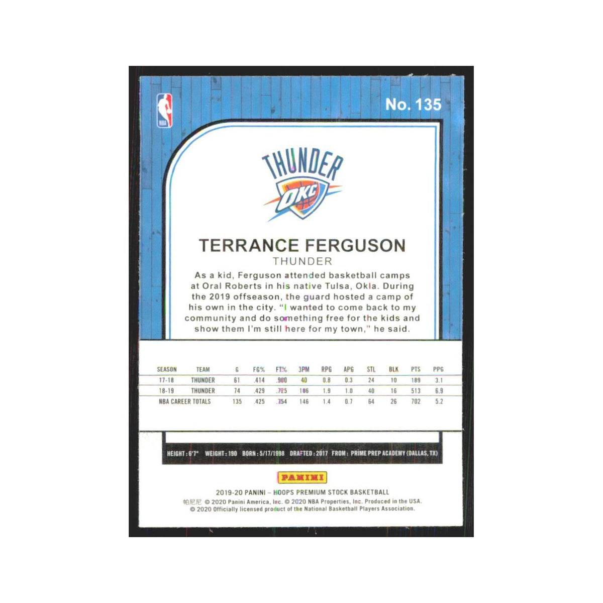 Terrance Ferguson 2019 NBA Hoops Premium #135 Oklahoma City Thunder NM