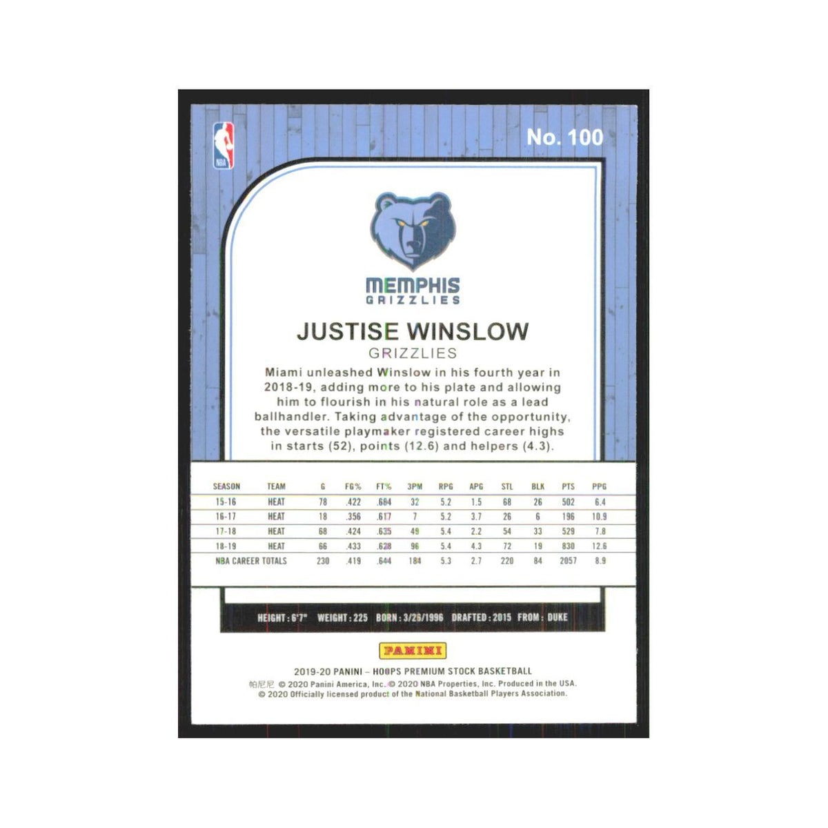 Justise Winslow 2019 NBA Hoops Premium #100 Memphis Grizzlies Basketball Card NM