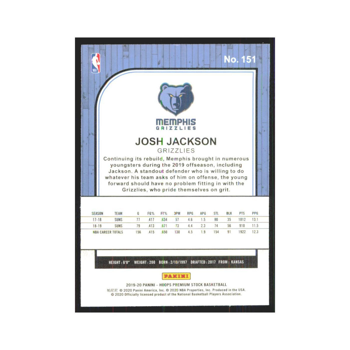 Josh Jackson 2019 NBA Hoops Premium #151 Memphis Grizzlies Basketball Card NM