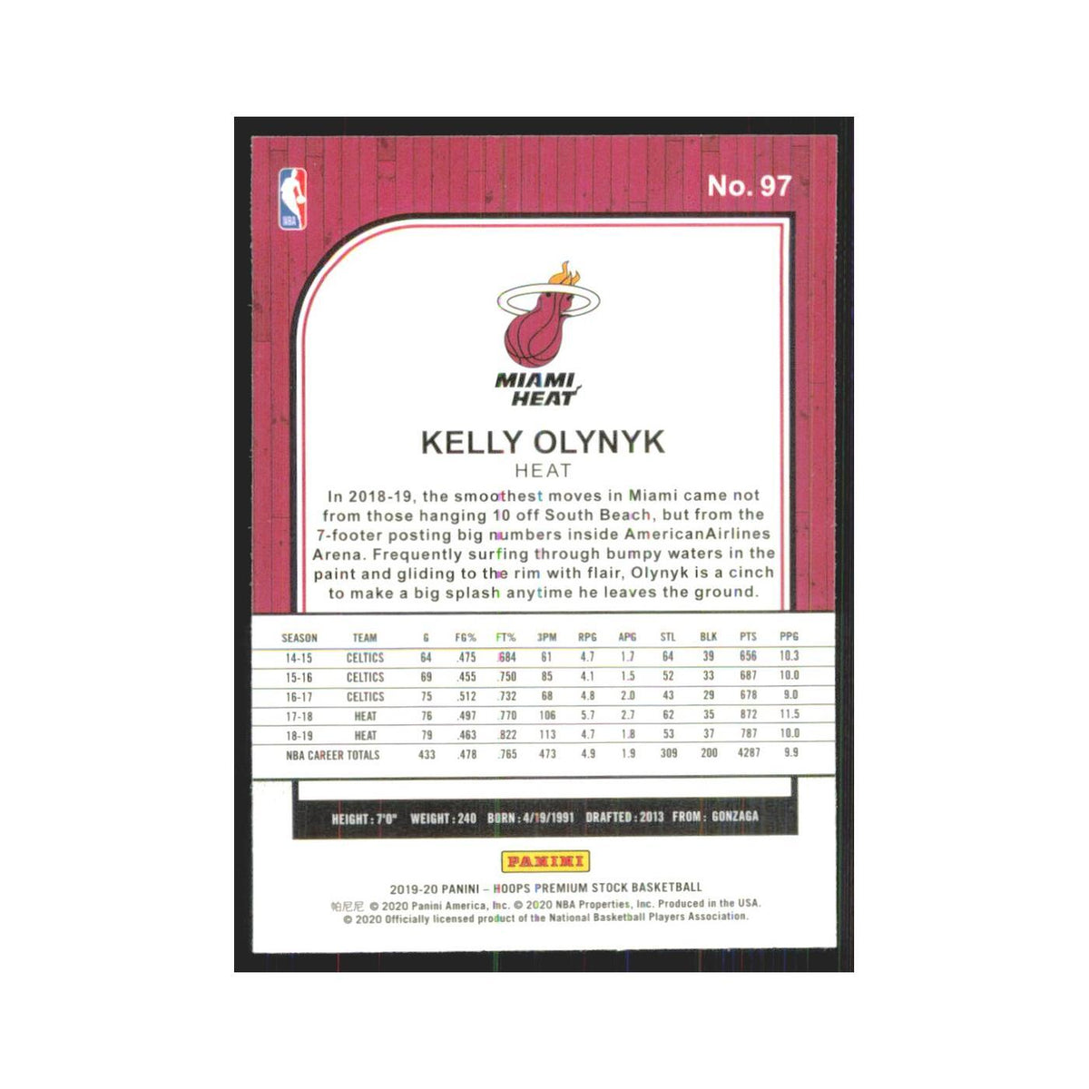 Kelly Olynyk 2019 NBA Hoops Premium #97 Miami Heat Basketball Card NM