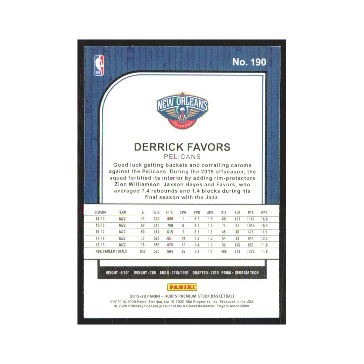 Derrick Favors 2019 NBA Hoops Premium #190 New Orleans Pelicans NM