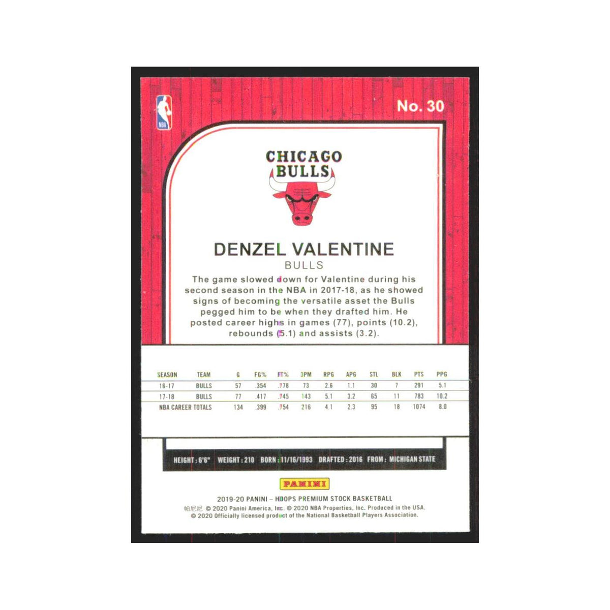 Denzel Valentine 2019 NBA Hoops Premium #30 Chicago Bulls Basketball Card NM