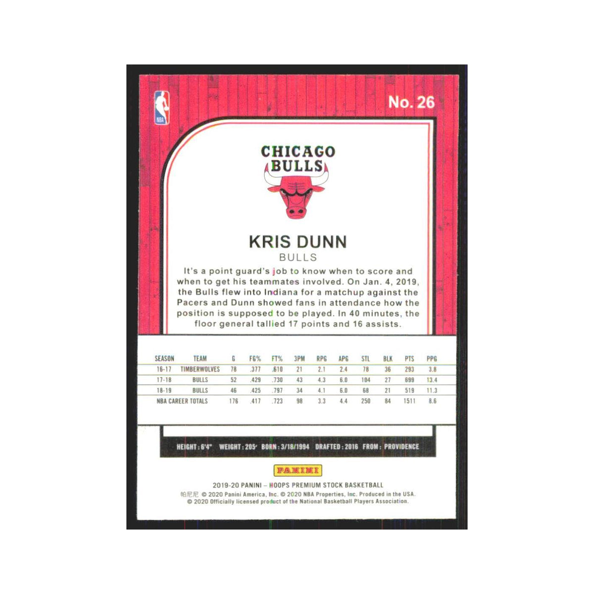 Kris Dunn 2019 NBA Hoops Premium #26 Chicago Bulls Basketball Card NM