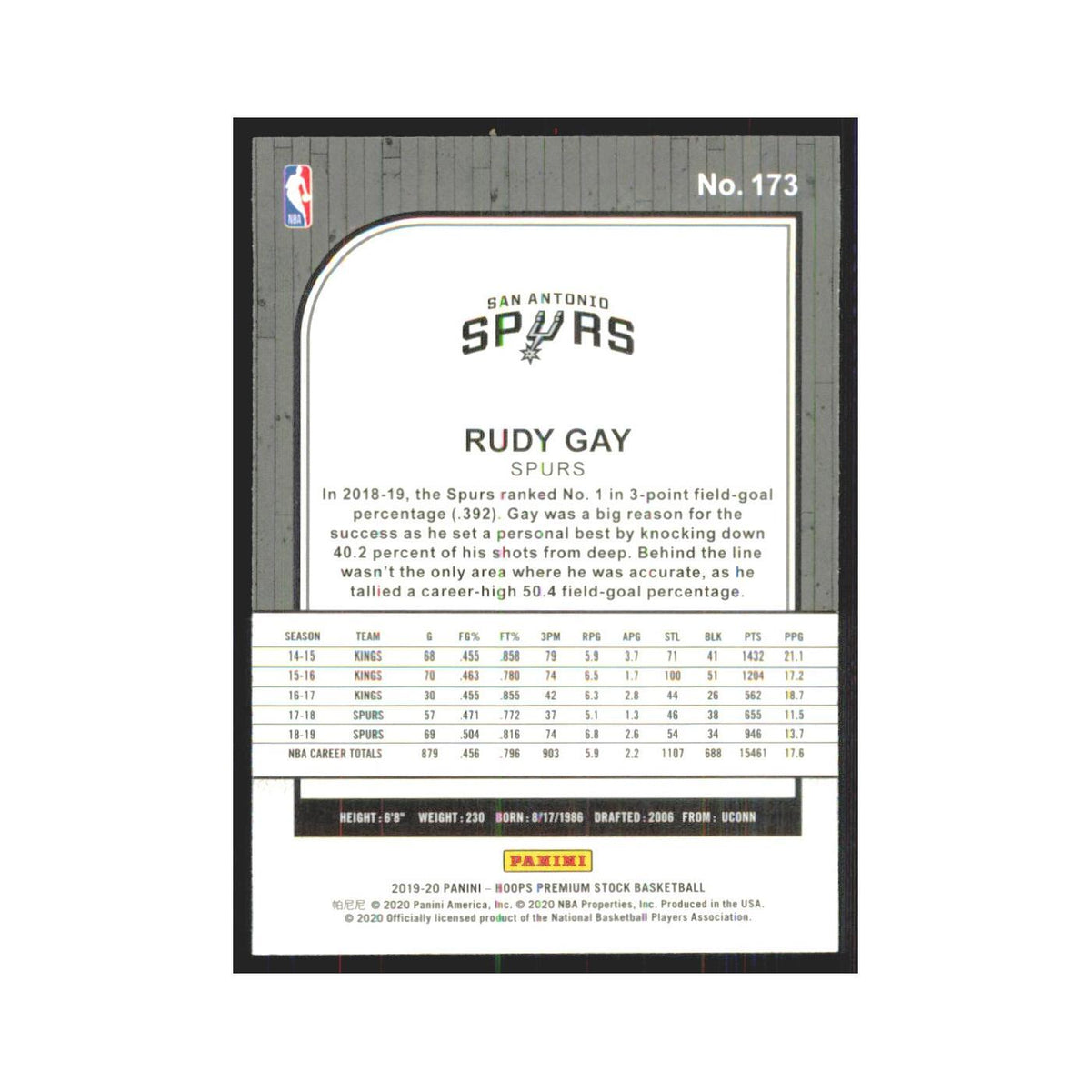 Rudy Gay 2019 NBA Hoops Premium #173 San Antonio Spurs Basketball Card NM