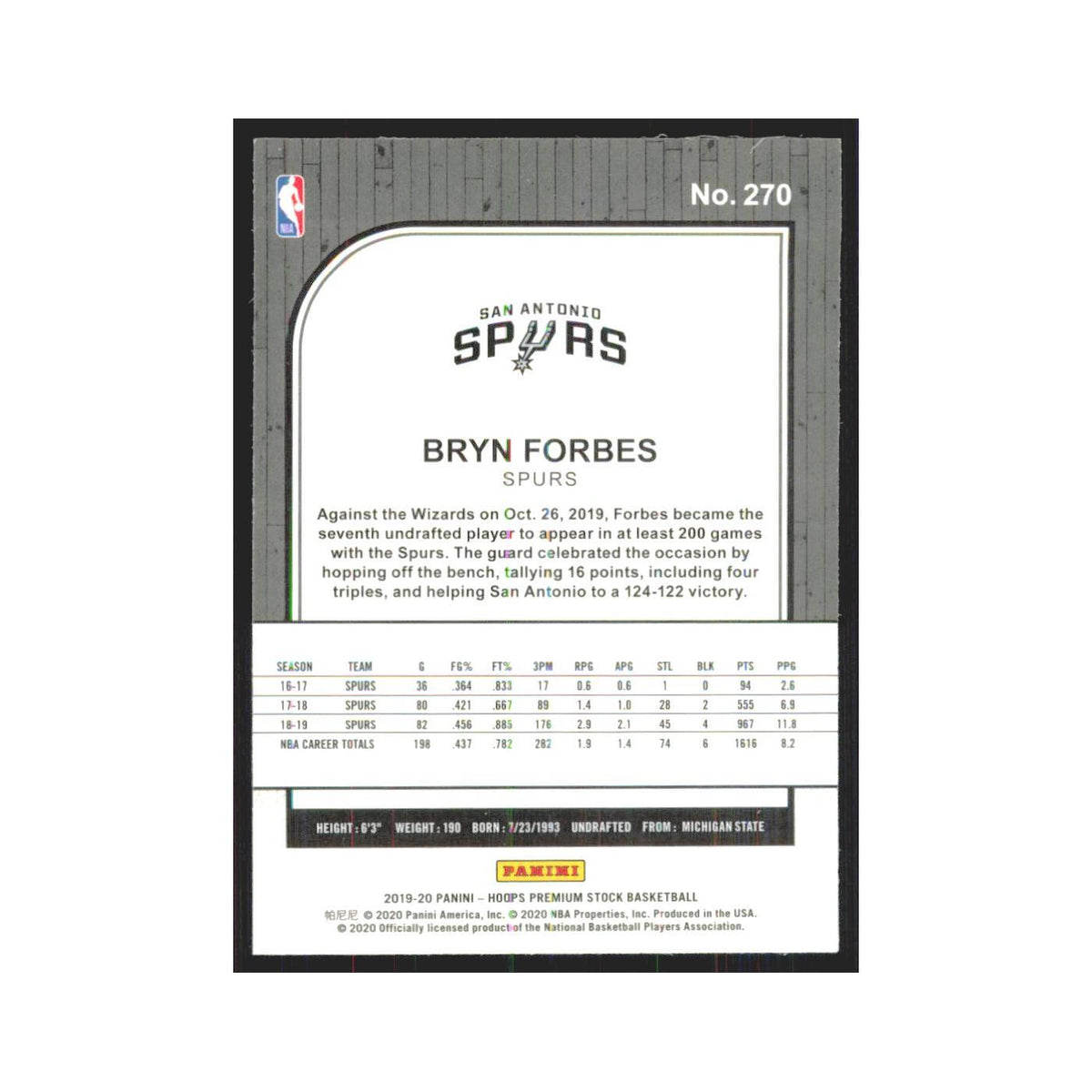 Bryn Forbes 2019 NBA Hoops Premium #270 San Antonio Spurs Basketball Card NM