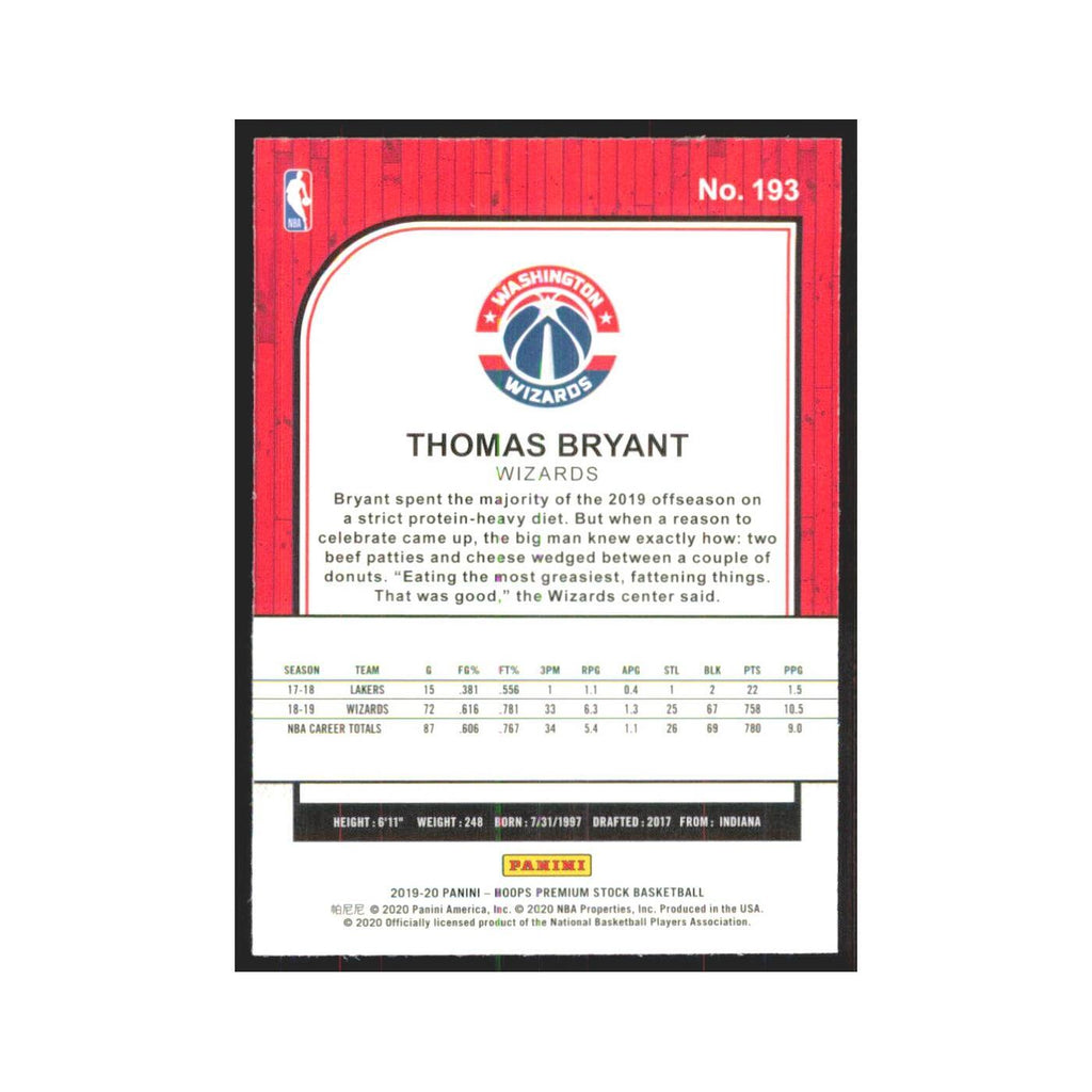 Thomas Bryant 2019 NBA Hoops Premium #193 Washington Wizards Basketball Card NM