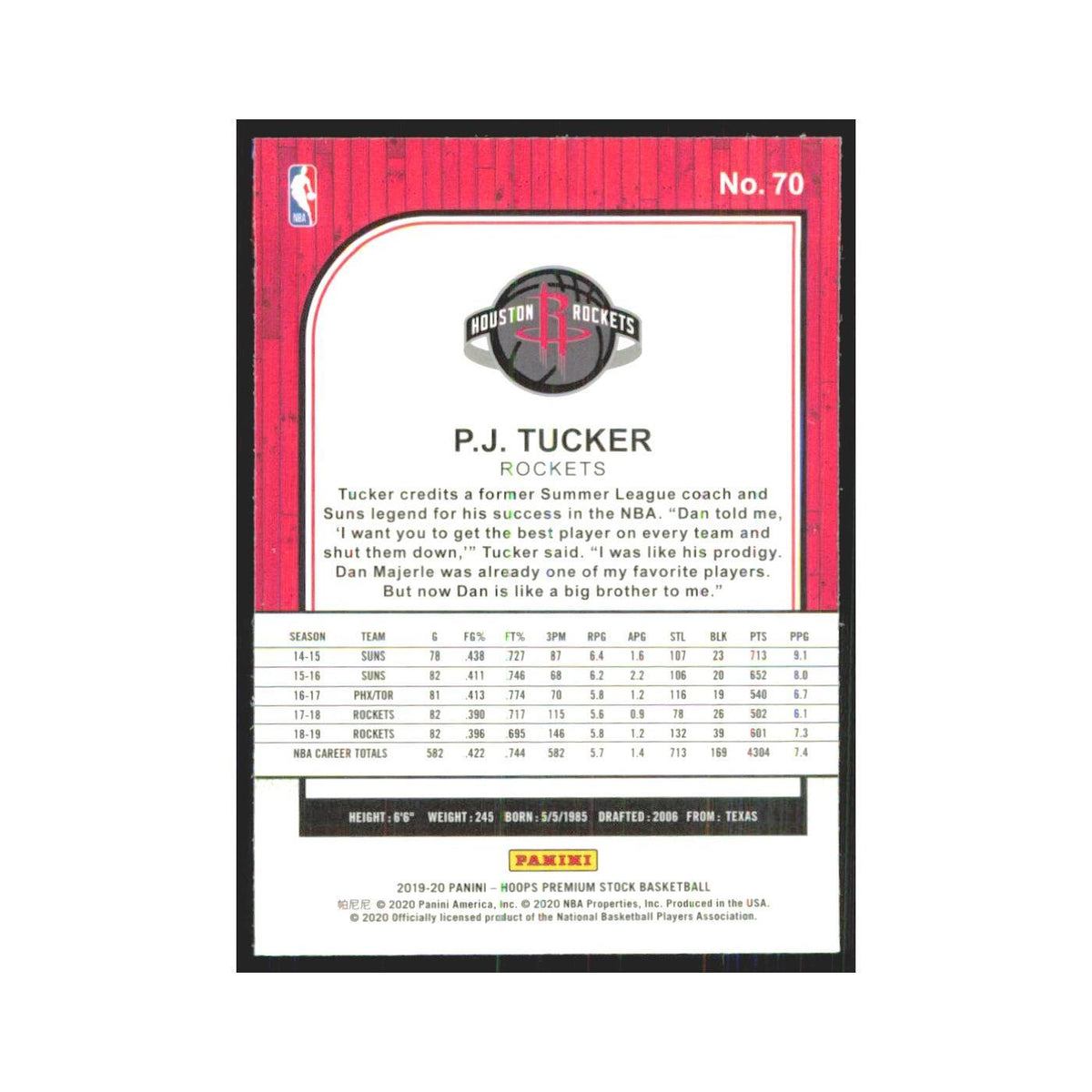 P.J. Tucker 2019 NBA Hoops Premium #70 Houston Rockets Basketball Card NM