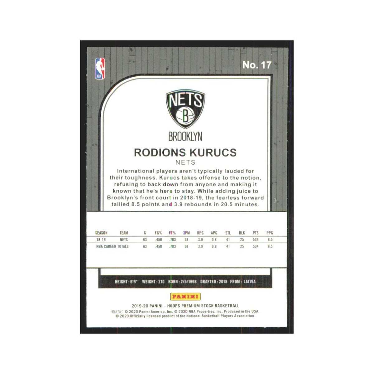 Rodions Kurucs 2019 NBA Hoops Premium #17 Brooklyn Nets Basketball Card NM