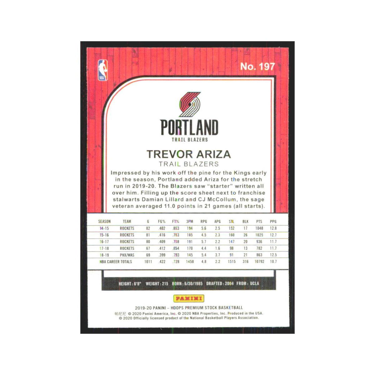 Trevor Ariza 2019 NBA Hoops Premium #197 Portland Trail Blazers NM