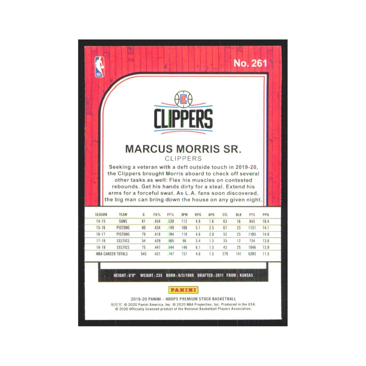 Marcus Morris 2019 NBA Hoops Premium #261 Los Angeles Clippers NM