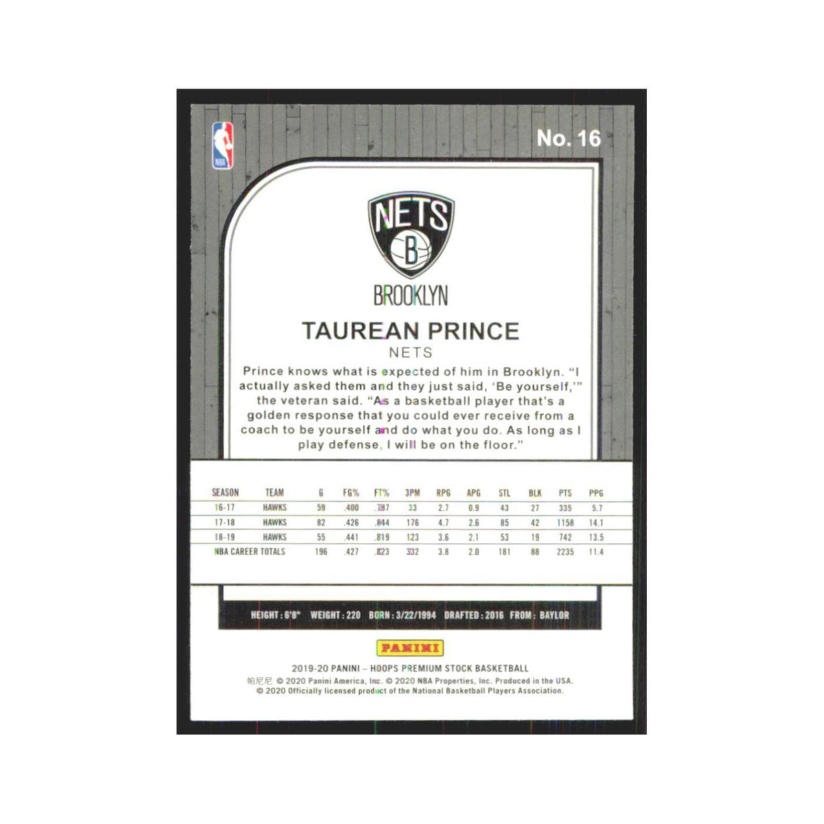 Taurean Prince 2019 NBA Hoops Premium #16 Brooklyn Nets Basketball Card NM