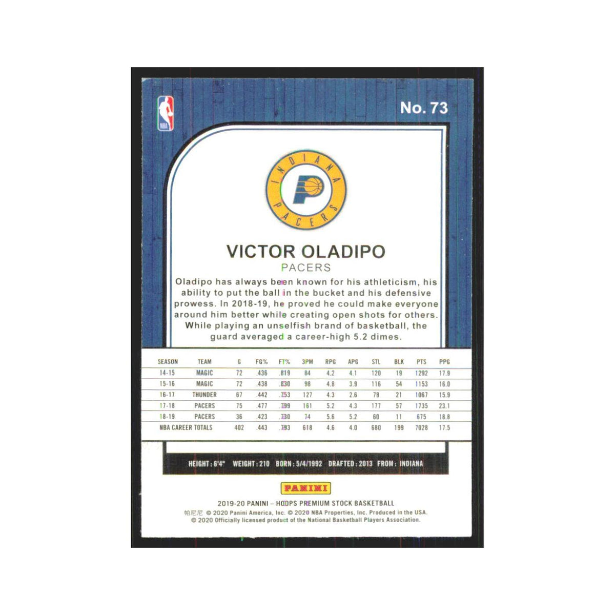 Victor Oladipo 2019 NBA Hoops Premium #73 Indiana Pacers Basketball Card NM