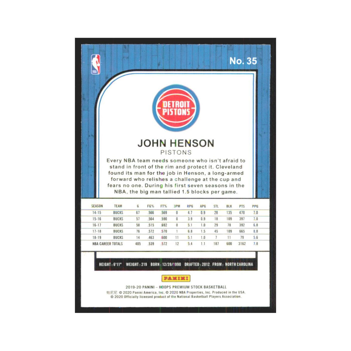 John Henson 2019 NBA Hoops Premium #35 Detroit Pistons Basketball Card NM