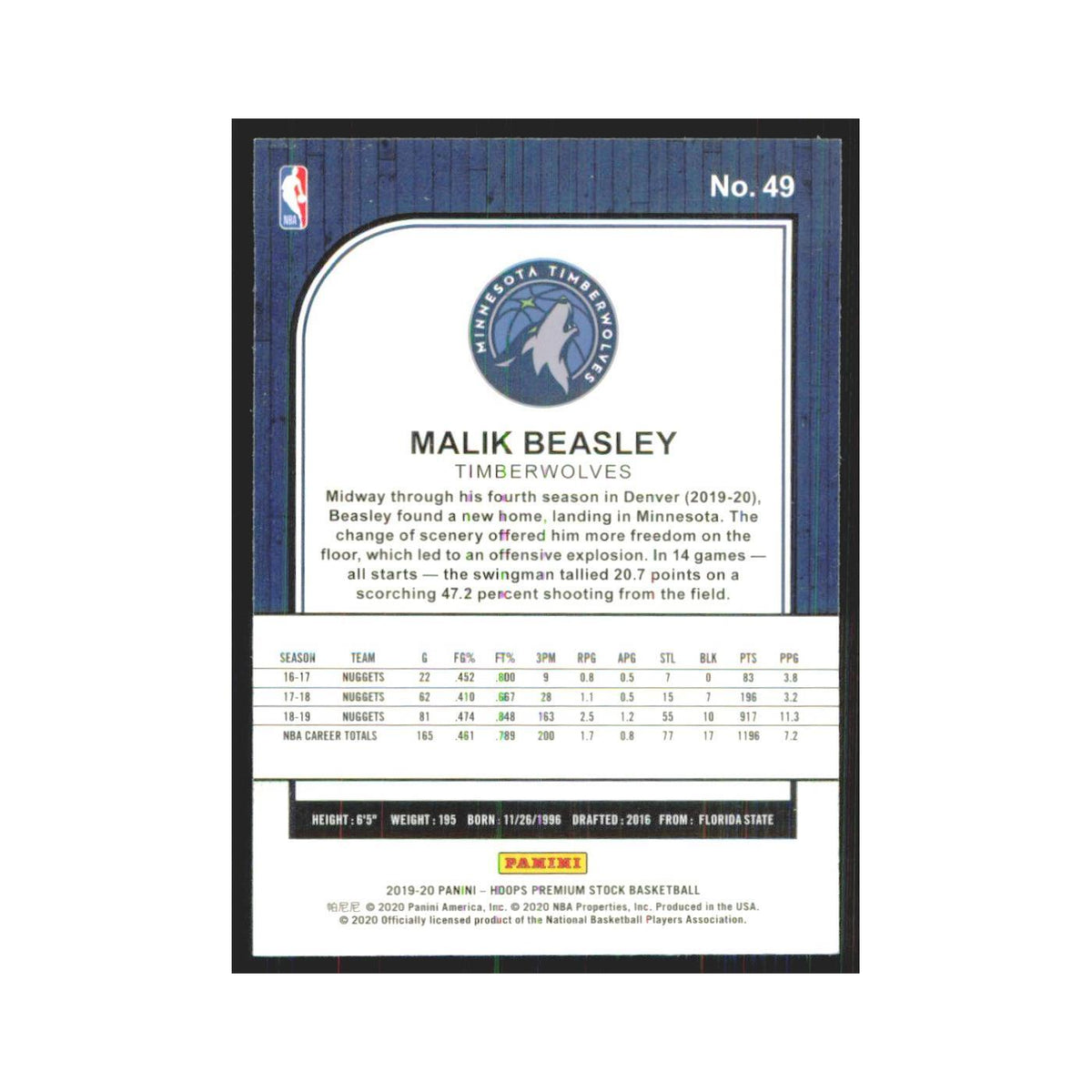 Malik Beasley 2019 NBA Hoops Premium #49 Minnesota Timberwolves NM