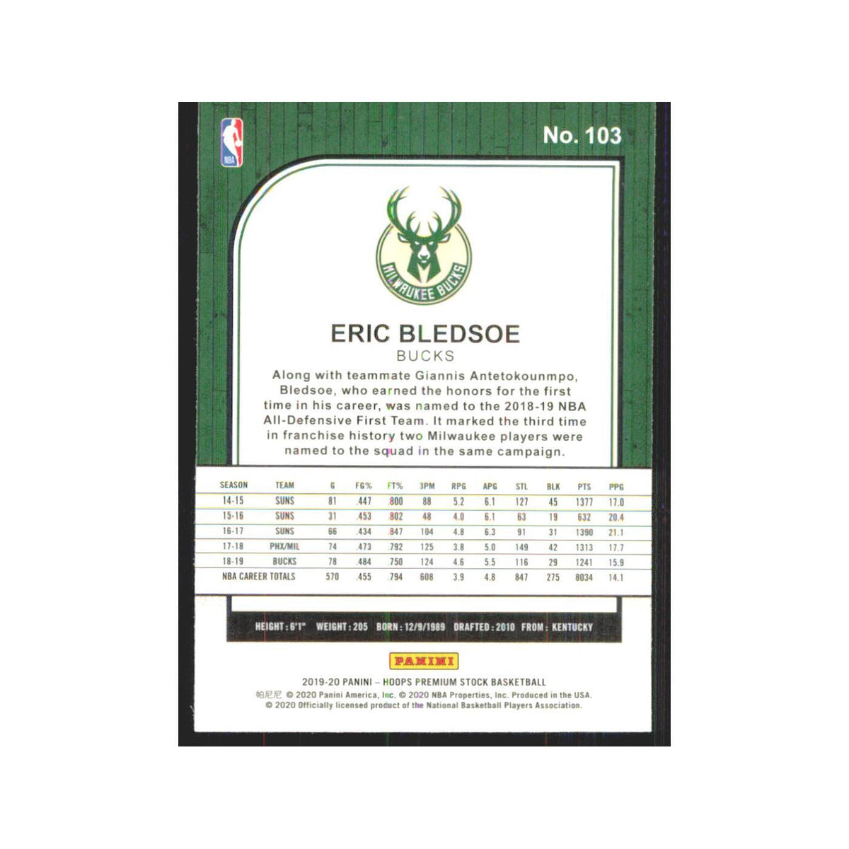 Eric Bledsoe 2019 NBA Hoops Premium #103 Milwaukee Bucks Basketball Card NM